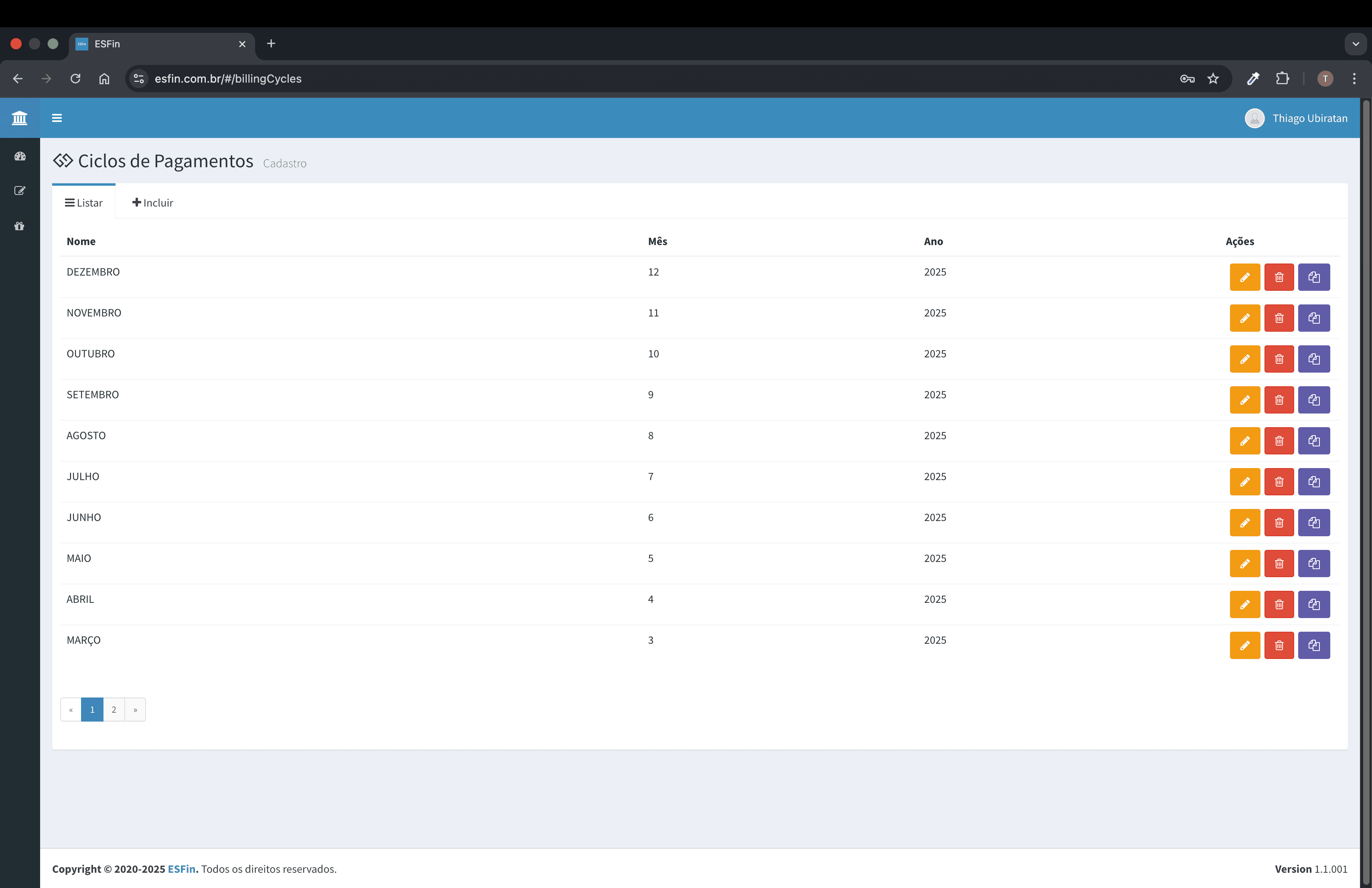 Dashboard do ESFin exibindo seleção de ciclos financeiros